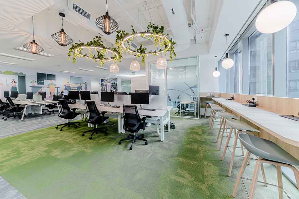Office that focuses on employee well-being, fosters collaboration, and incorporate sustainable design features