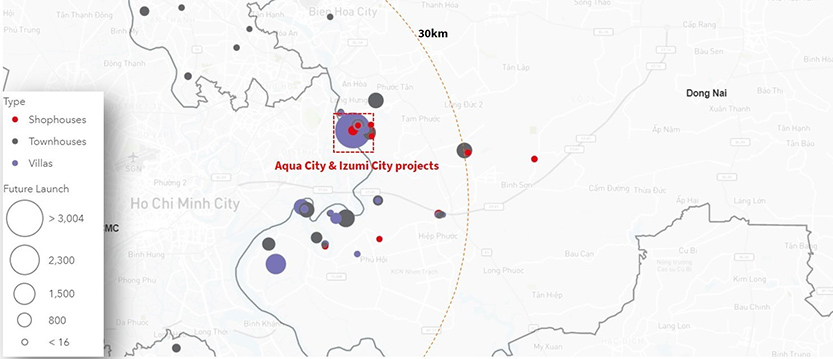 Map showing Aqua city and Izumi city projects