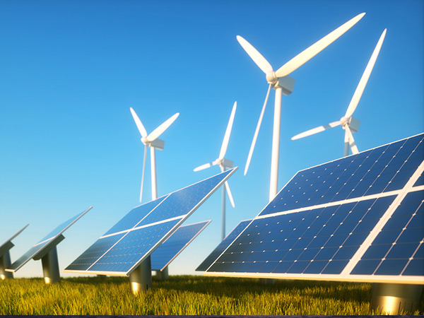 View of wind turbines and solar panels