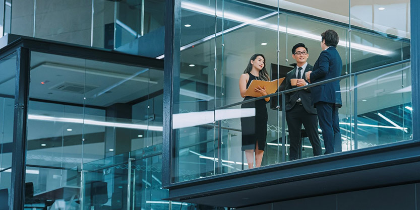 Employees chatting at balcony