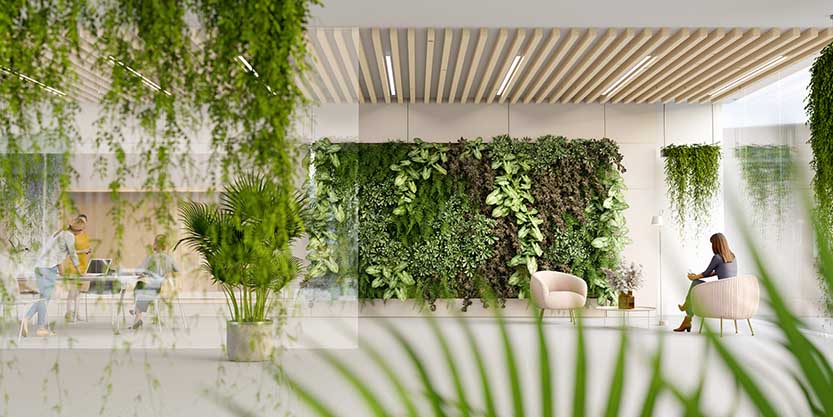 women sitting on a chair in greenery office