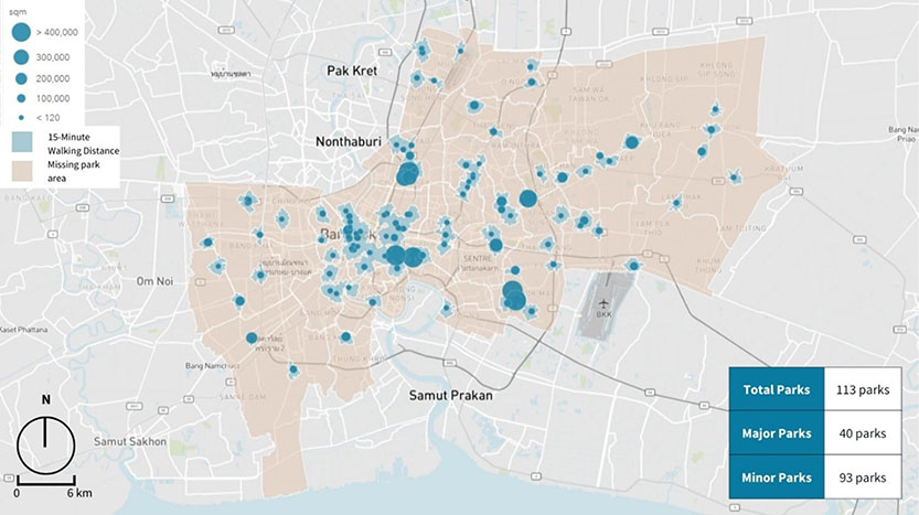 Public parks within a 15-minute walk distance analysis reported by the BMA