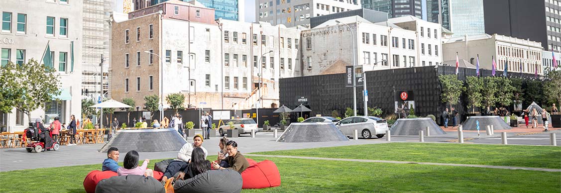 People sitting in the grass space in the cites